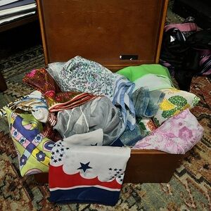 Large Wooden Box with Vintage Scarf Lot